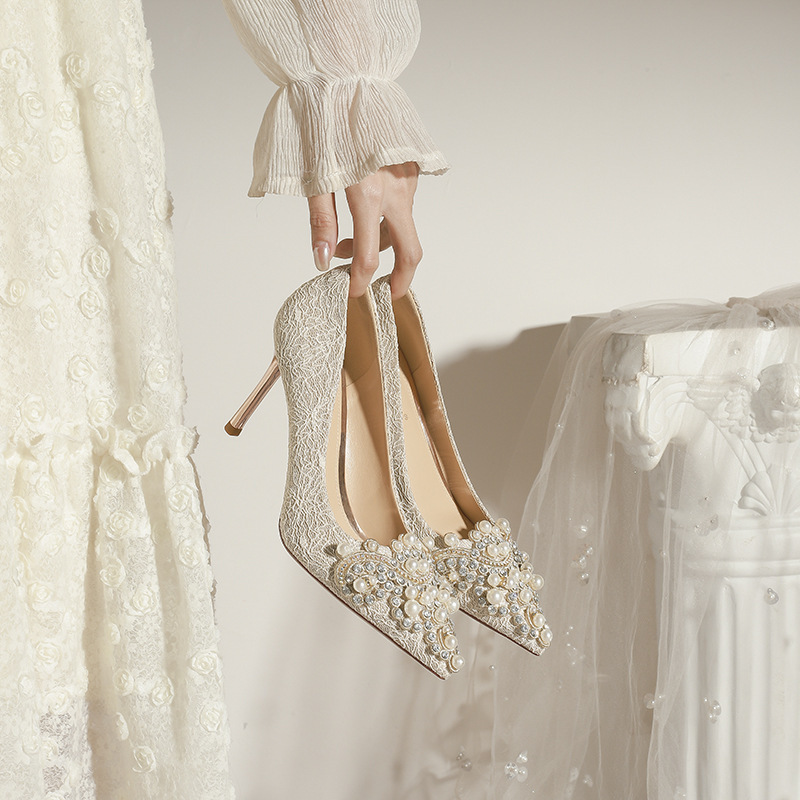 840-12 Pointed High Heels, Elegant Wedding Dress, Rhinestone Wedding Shoes, Crystal Bridal Shoes, Banquet Dress, Flats, Two-Wear