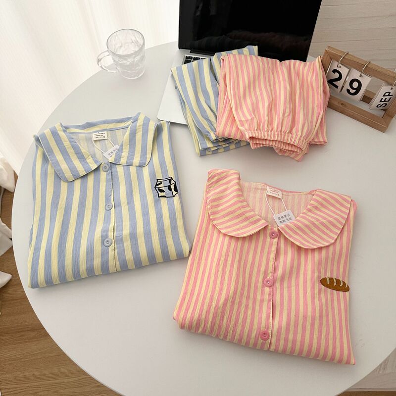Korean Style Couple Pajamas Women's Spring and Autumn Cloud Cotton Striped Long-sleeved Ins Style Casual Men's Home Clothes Two-piece Set
