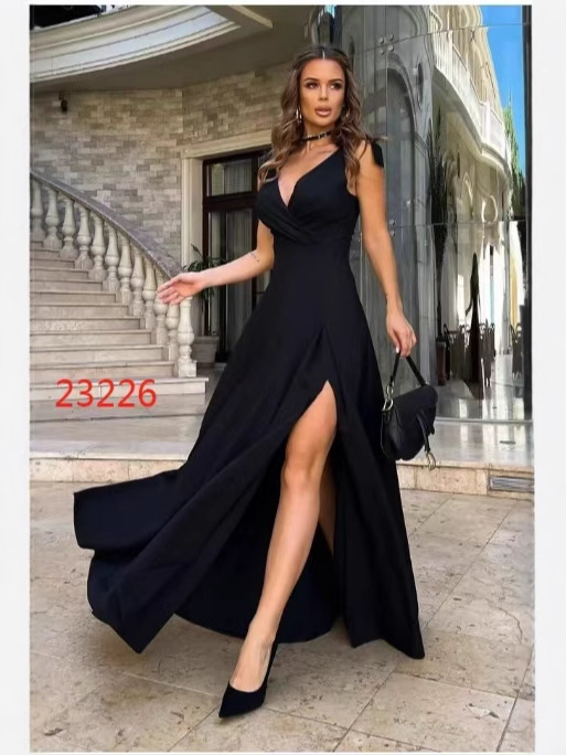 2024 Cross-Border Export Summer New Style V Neck Sexy Slit Dress Evening Extended Dress Dress Women's Clothing