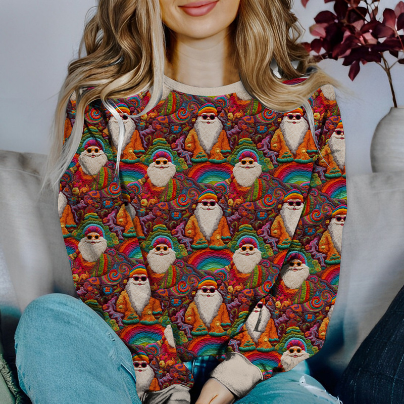 European and American Cross-border Autumn Sports New Fashion Casual 3D Printing Christmas Color Contrast Loose Pullover Casual Sweatshirt Women