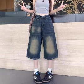 春夏美式复古大码胖mm百搭显瘦高级感七分牛仔裤女设计感直筒裤韩
