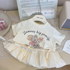 韓版童裝2024新款夏季女童卡通兔子短袖T恤百搭蝴蝶結裙褲兩件套