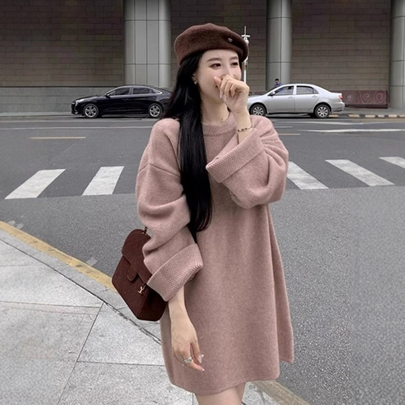 Gentle and Lazy Style Pink Mid-Length Knitwear for Women in Autumn and Winter, Disappearing Knitwear, Age-Reducing, Beautiful and Stylish Top