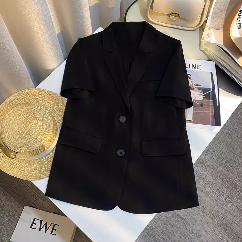 Black Thin Short-Sleeve Blazer for Women, 2026 Summer New Style, Petite Casual Versatile Trendy Small Suit