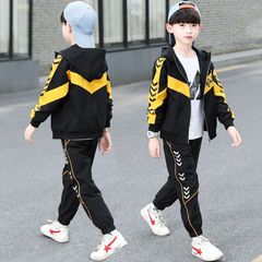 2021新款中大童男童春秋款潮范長袖套頭衫韓版拼色字母網紅套裝潮