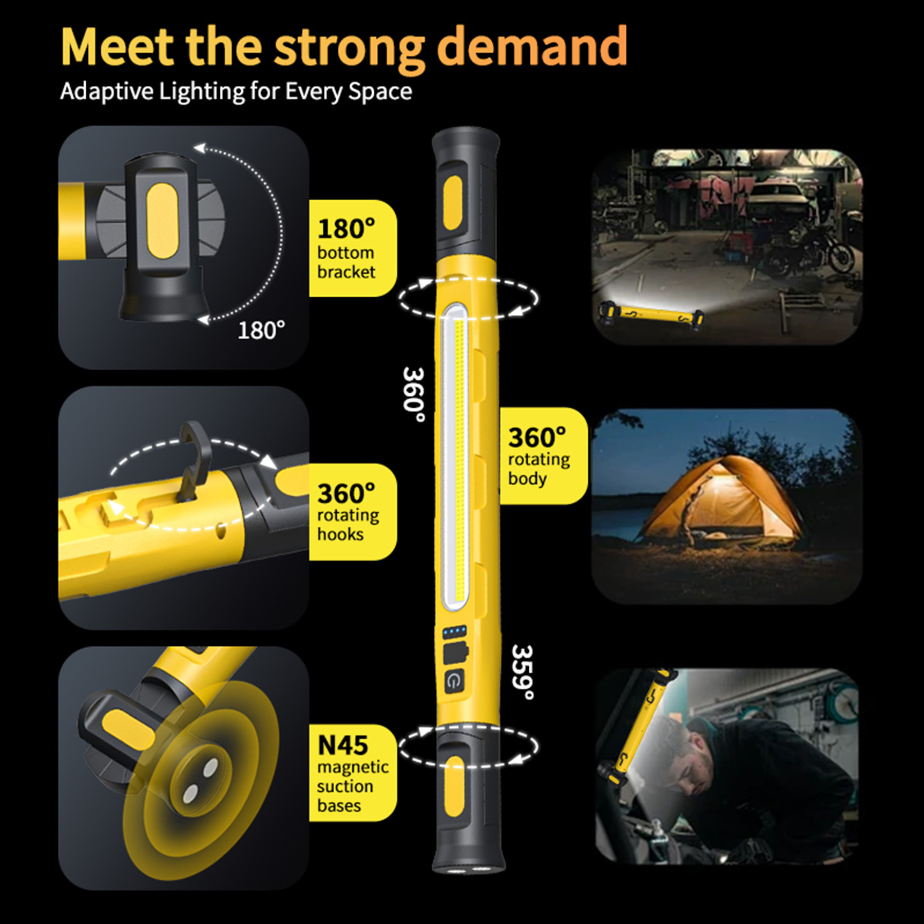 Popular repair work light, multifunctional magnetic flashlight, outdoor power bank, COB with hook, camping work light