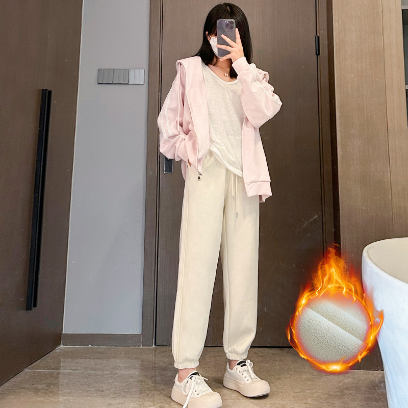 【反季特卖】加绒加厚运动休闲卫裤女冬季保暖摇粒绒束脚哈伦裤|undefined