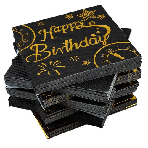 Happy Birthday Bronzing Black Theme Birthday Decoration Square Tissue Party Party Layout Napkin Wholesale