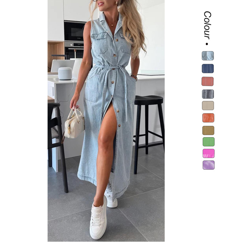 Amazon European and American style cross-border new sleeveless long lace-up waist single-breasted Denim dress 8990 Amazon European and American style cross-border new sleeveless long lace-up waist single-breasted Denim dress 8990
