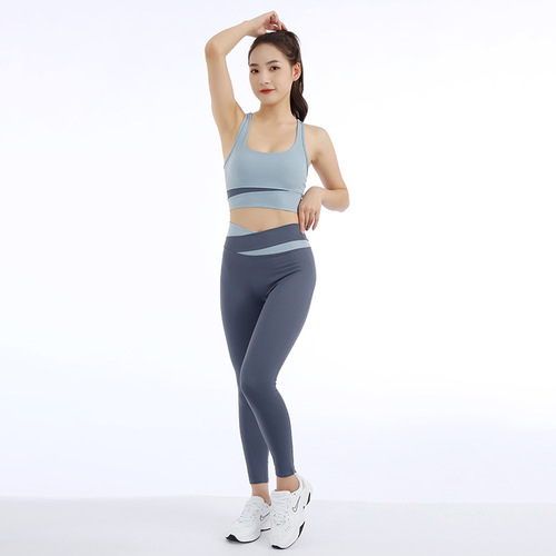 Cross-border color-blocking high-waist yoga pants indoor exercise fitness suit set with tall length elastic waist-lifting high-waist yoga set