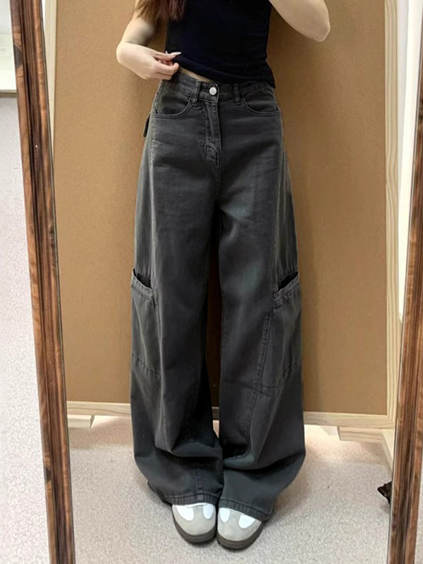 灰色工装裤女2025新款高腰显瘦大码胖mm宽松直筒垂感拖地阔腿长裤|undefined