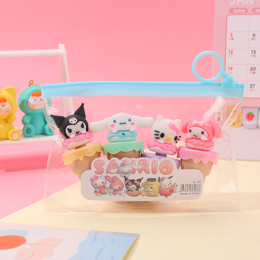 4 mini resaltadores de cono de helado de Sanrio, juego de resaltadores con carita sonriente de dibujos animados para resaltar puntos clave