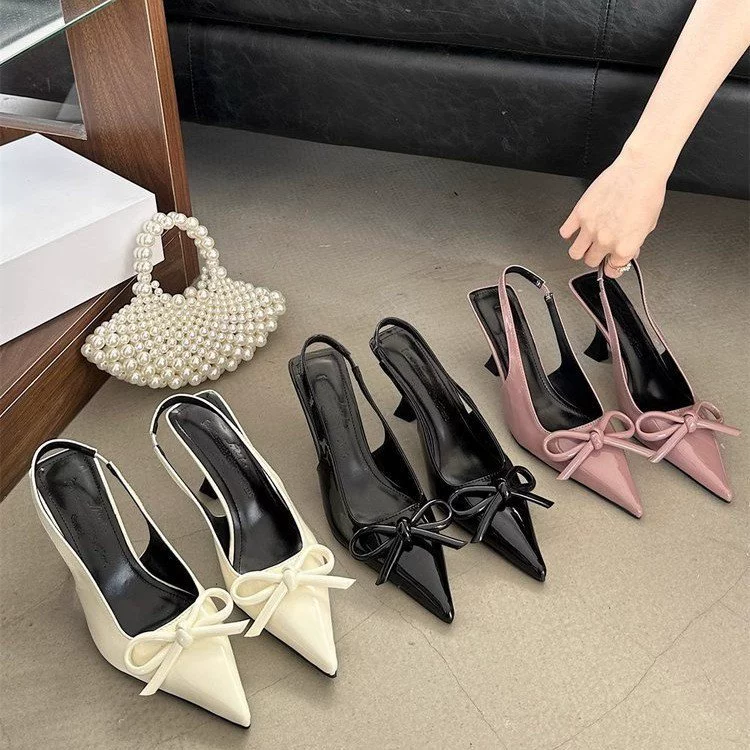 Женские туфли на высоком каблуке с нишевым дизайном, новая модель 2025 года, бант, шпилька, заостренный носок, открытая пятка, элегантные босоножки с закрытым носком