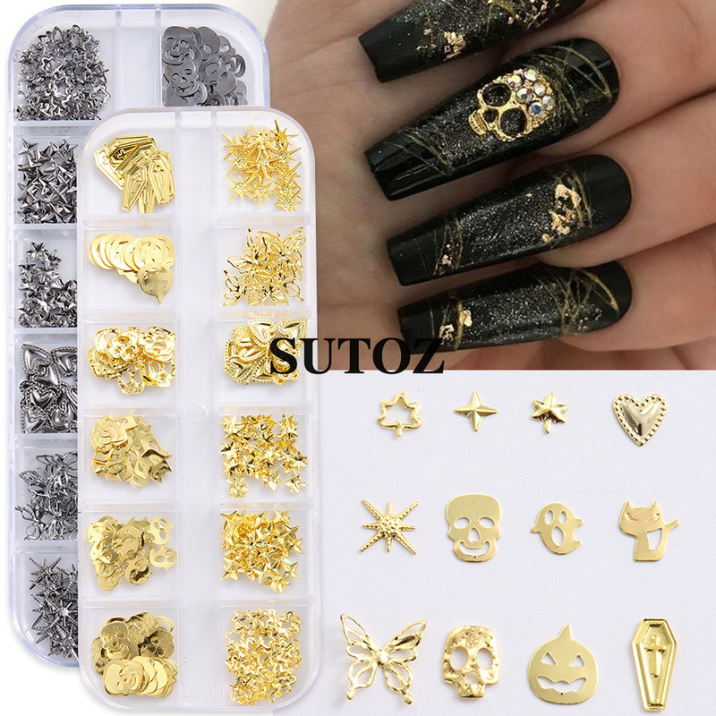 Cross-Border Hot Nail Art Sequins Accessible Luxury Alloy Halloween Skull Pumpkin Lantern Black Cat Stereo Nail Decorations