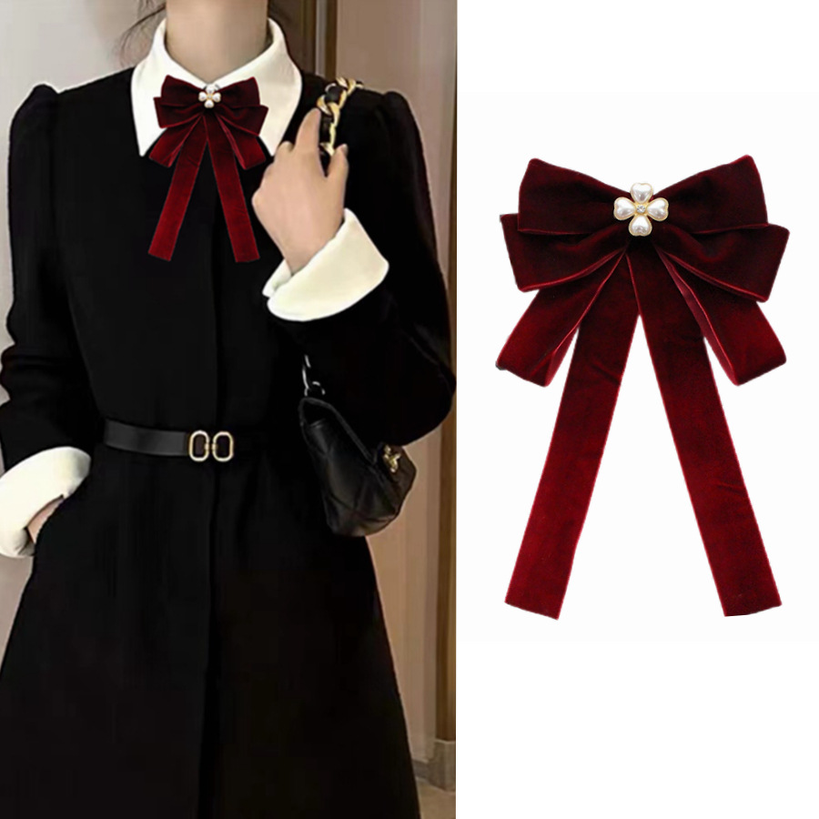 Papillon da donna, grande fiocco, spilla in velluto bordeaux, accessorio di abbigliamento nero, stile preppy, versatile_voghion.com