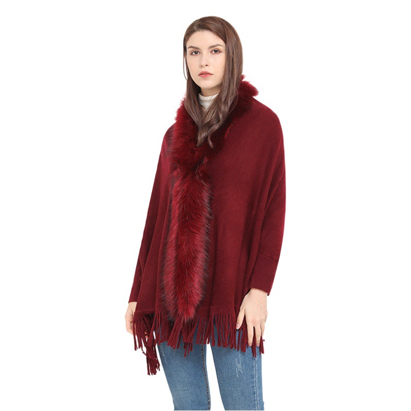 Monochrome fur collar knitted shawl hot fox fur cardigan cape polyester large solid color shawl with sleeves wholesale