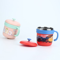 兒童家用帶蓋304不鏽鋼手柄直飲杯卡通杯子防摔硅膠水杯禮品批發