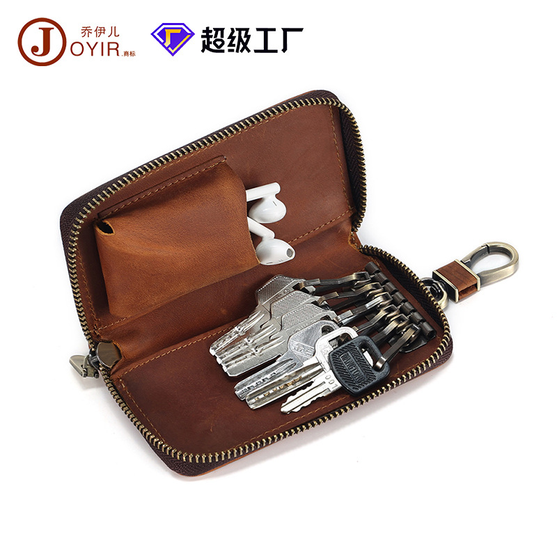 瘋馬皮通用復古鑰匙收納包牛皮腰掛鎖匙包帶拉鏈真皮大容量鑰匙包