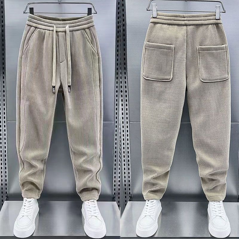 Autumn and Winter Fleece-Lined Thickened Men's Corduroy Patchwork Casual Pants Trendy Loose Slim Harem Pants Versatile Long Pants