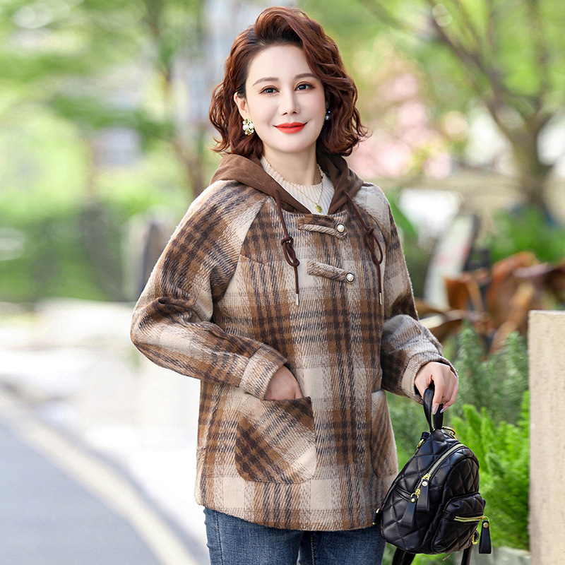 中年妈妈秋装格子毛呢外套短款夹克2025新款中老年女装春秋上衣服|undefined
