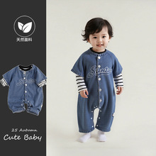 婴儿牛仔连体衣爬服2025春秋装小童男女宝宝背带裤T恤套装休闲潮