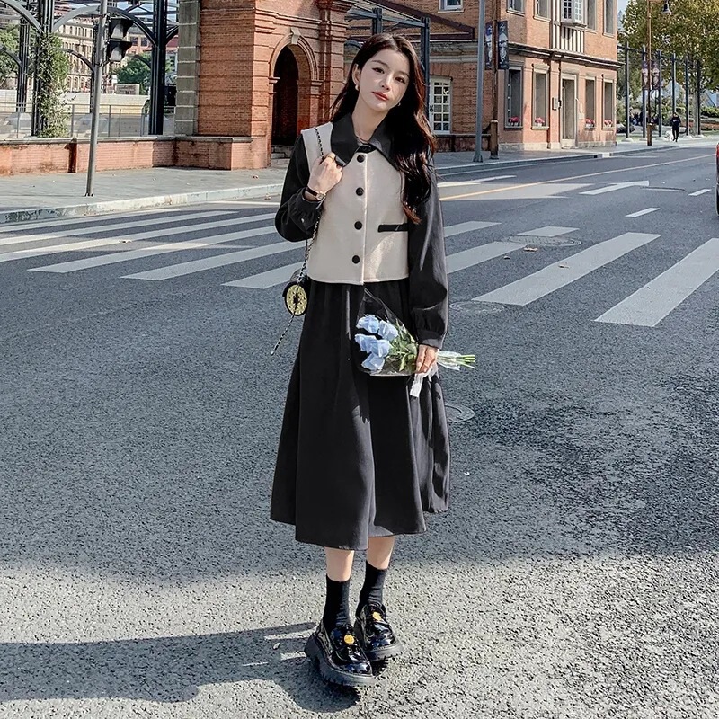 长袖衬衫连衣裙女套装2025秋冬新款设计感马甲洋气时髦长裙两件套|undefined
