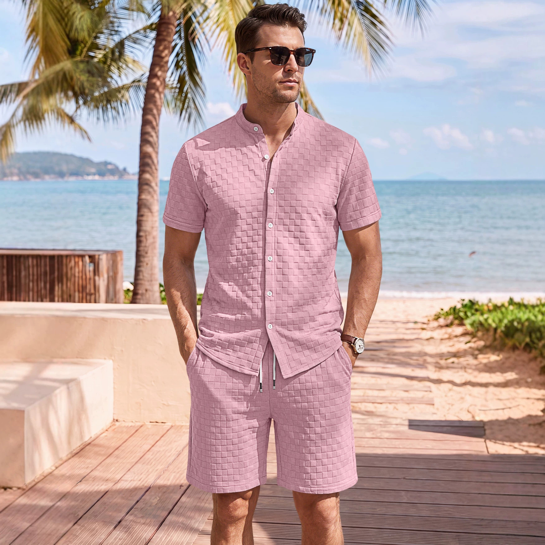 Nuevo transfronterizo Europa y América Amazon verano hombre nuevo Waffle camisa de solapa casual manga corta pantalones cortos
