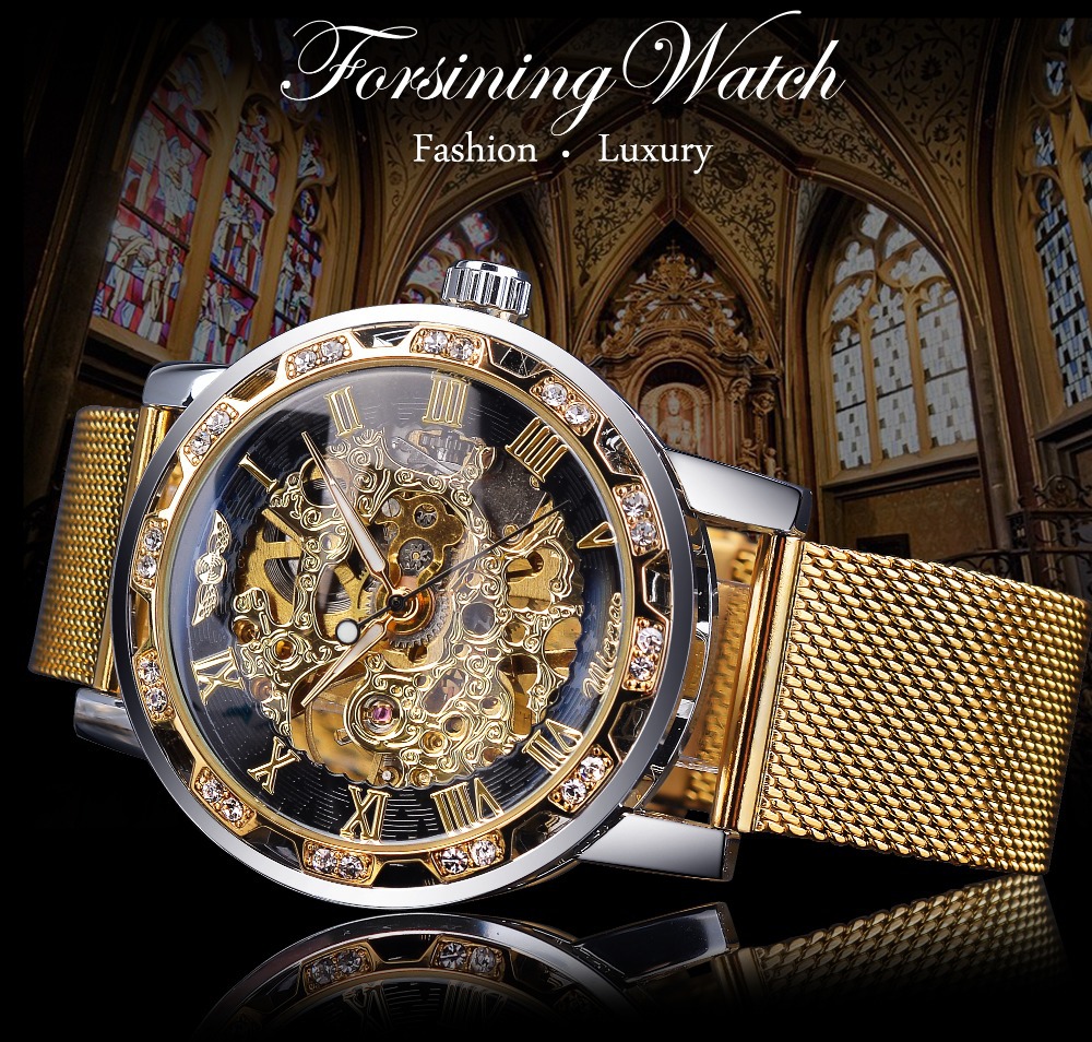 Vinnare Manual Mechanical Watch Herrs populära Rhinestone Hollow Mesh Band Watch Mode och fritid_voghion.com