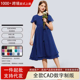 跨境亚马逊中大儿童晚礼服女花童装 A字圆领及膝雪纺小伴娘裙外贸