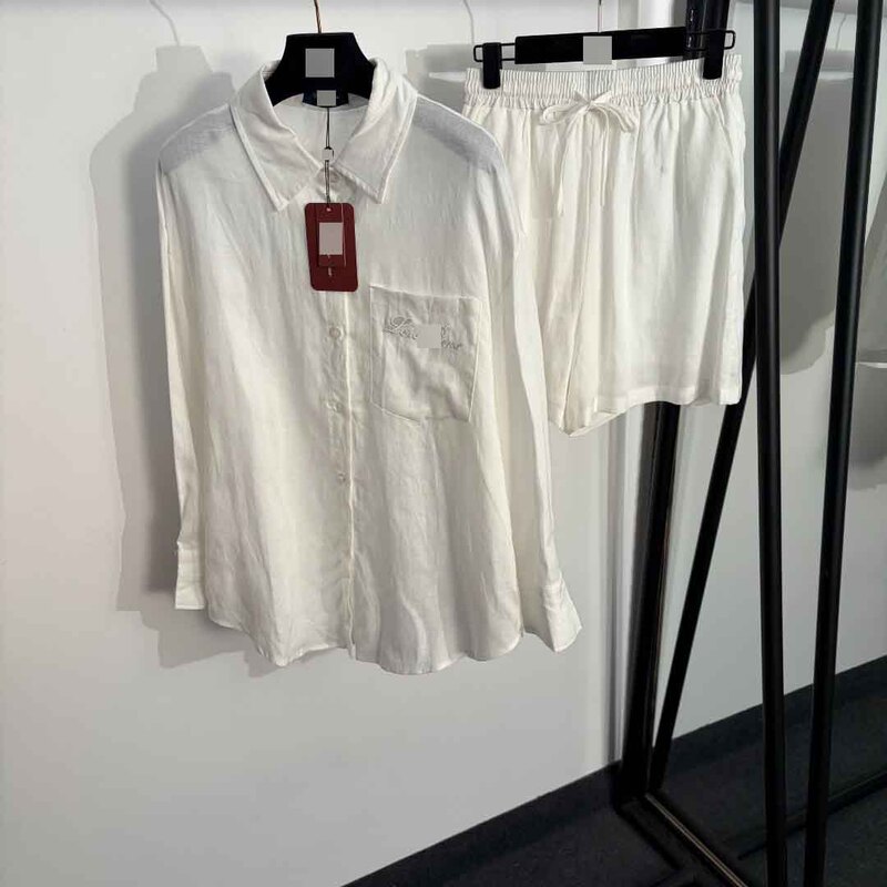 Nanyou High-End Old Money Style Lp New Linen Set with Letter Logo Embroidery, Single-Pocket Long-Sleeve Shirt + Shorts