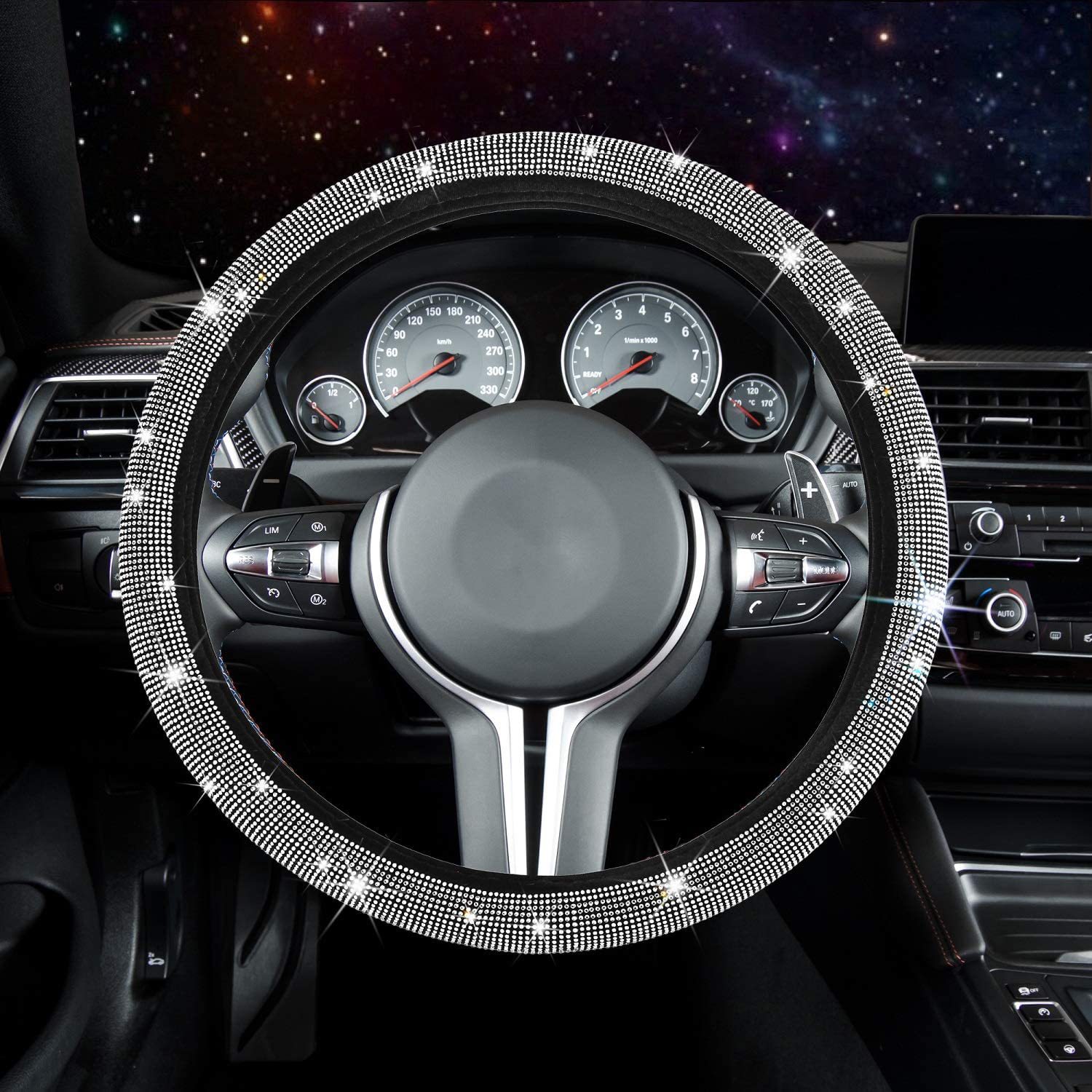 New Fashionable Full-Diamond Car Steering Wheel Cover for Women, Universal Crystal Flash Diamond Anti-Slip Handlebar Cover for All Seasons