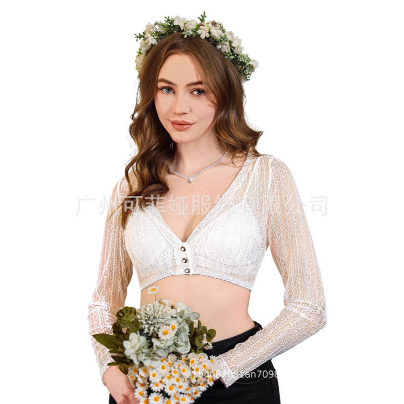 Cross-Border 25 European and American German See-Through Bavarian Oktoberfest 9-Quarter Sleeve Cardigan V-Neck Dirndl Short Lace Shirt
