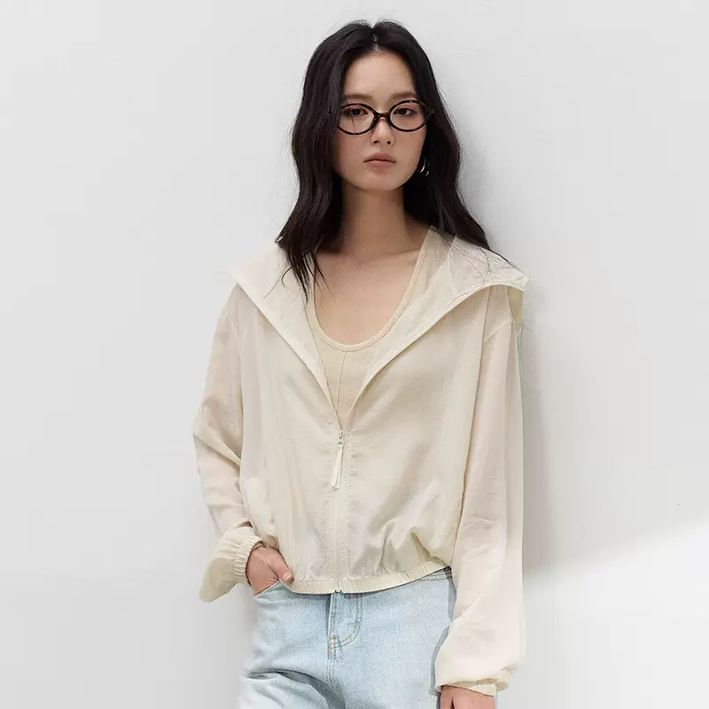 春夏天丝亚麻连帽衫女莱赛尔休闲拉链开衫上衣纯色百搭防晒外套