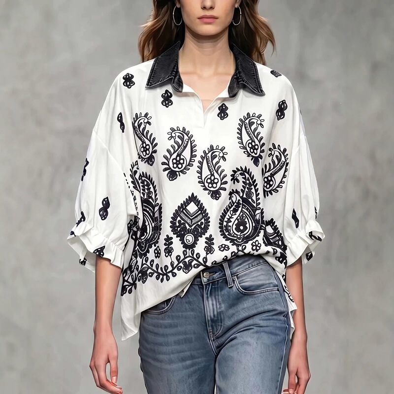 2026 Spring and Summer New Retro Paisley Print Shirt for Women Loose Contrast Color Lapel Mid-Sleeve Casual Top
