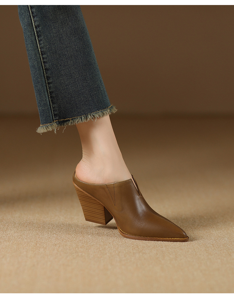 Giày mule nữ da bò mũi nhọn gót cao 7 cm phong cách Âu Mỹ — đen chi tiết 8