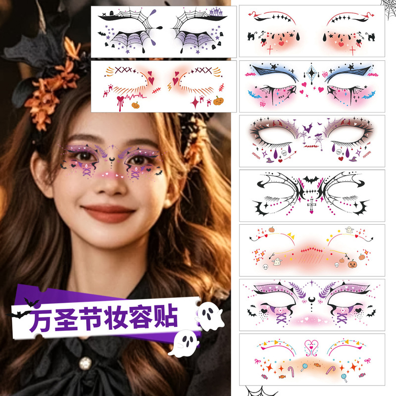 Cross-Border Amazon High-End Halloween Makeup Stickers Simulated Color Tattoo Stickers Halloween Holiday Temporary Face Stickers