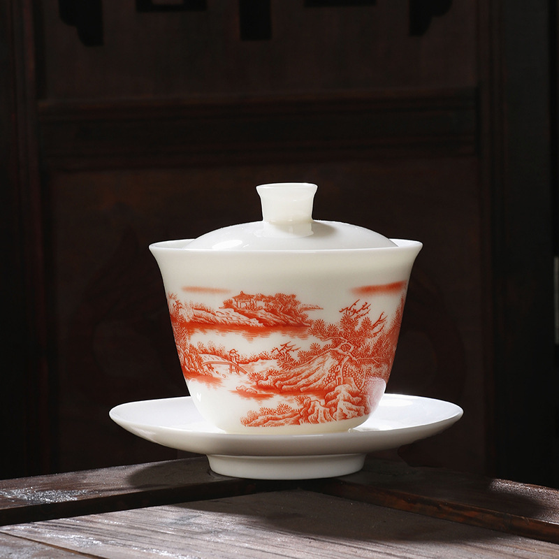 Sheep fat jade white porcelain three-piece Cover bowl ceramic household kung fu tea bowl tea set large Cover bowl blue and white tea cup tea bowl Sheep fat jade white porcelain three-piece Cover bowl ceramic household kung fu tea bowl tea set large Cover bowl blue and white tea cup tea bowl