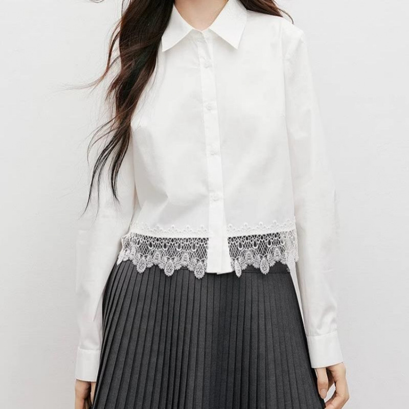 French Lace Patchwork Shirt, Long-Sleeved, New Spring Design, Short Loose White Top, Off-Shoulder New Arrival French Lace Patchwork Shirt, Long-Sleeved, New Spring Design, Short Loose White Top, Off-Shoulder New Arrival