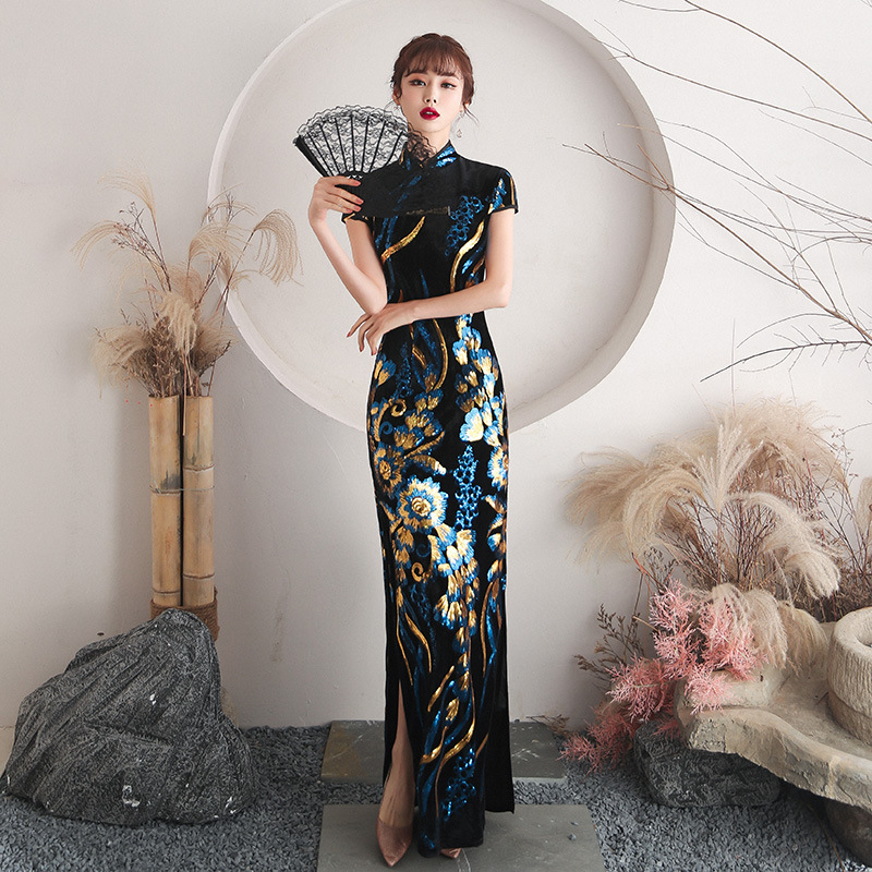 Sequined Velvet Catwalk Chinese Style Extended Improved Cheongsam Young Women's Retro Slim High-End Dress Sequined Velvet Catwalk Chinese Style Extended Improved Cheongsam Young Women's Retro Slim High-End Dress