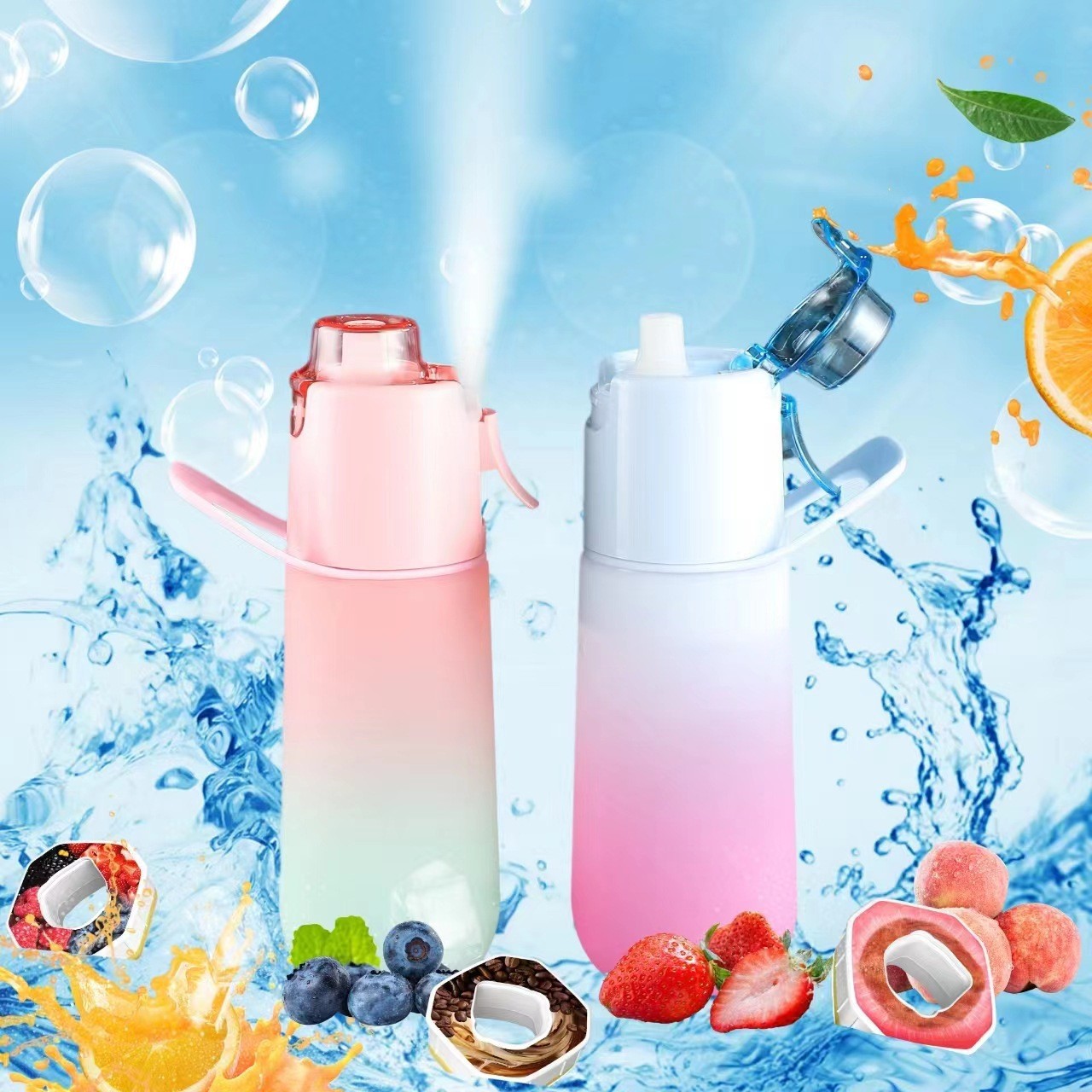 Nueva botella de agua bicolor con función de pulverización y aroma a frutas. Un moderno accesorio para beber agua. Vaso con pulverizador de fragancia._voghion.com