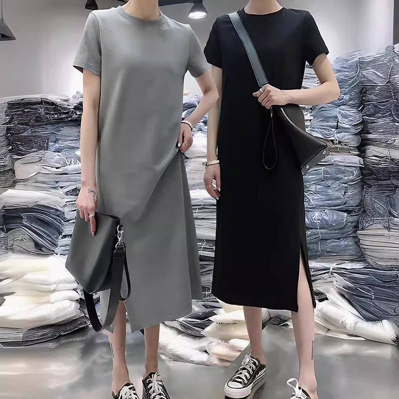 Summer mid-length short sleeve dress Korean style loose solid color plus size simple casual elegant split skirt New