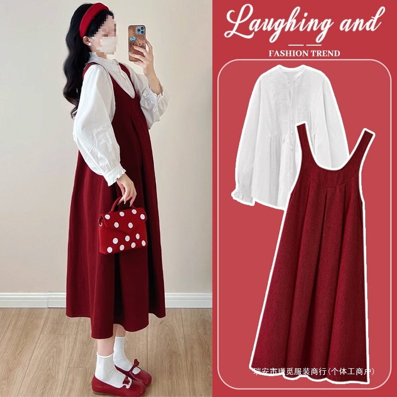 Maternity suspender dress, spring/autumn 2025 new style, French-style high-end red dress for pregnant women, spring wear, loose fit for petite women Maternity suspender dress, spring/autumn 2025 new style, French-style high-end red dress for pregnant women, spring wear, loose fit for petite women
