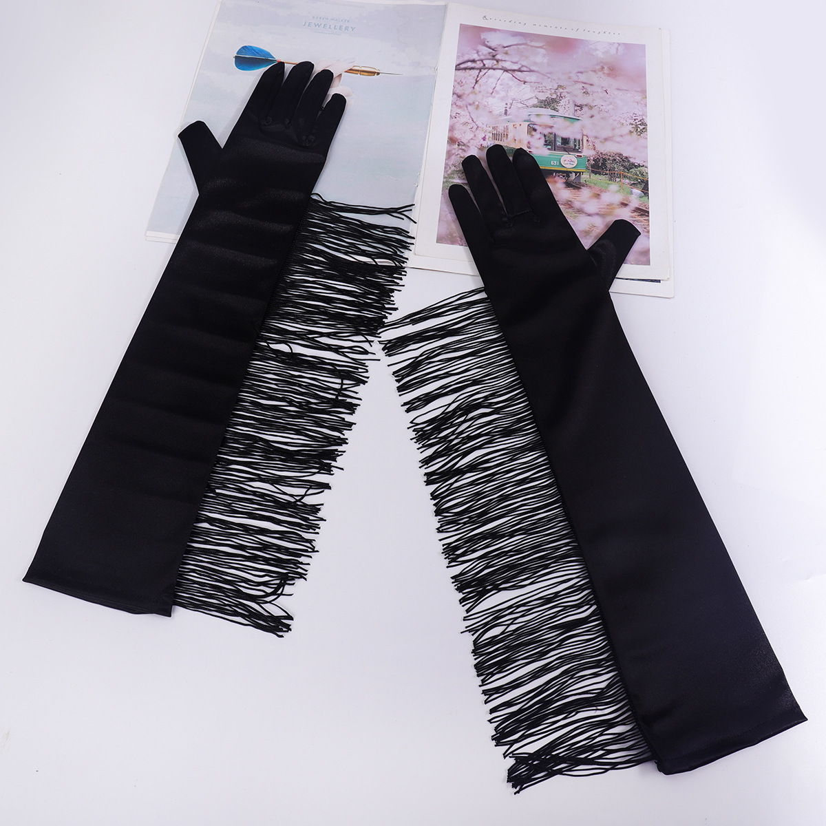 Larga borla etapa de la fiesta guantes sexy prom etiqueta guantes transfronterizos