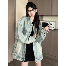 EZEK美式复古街头潮牌做旧洗水牛仔外套女中长款宽松牛仔衣夹克