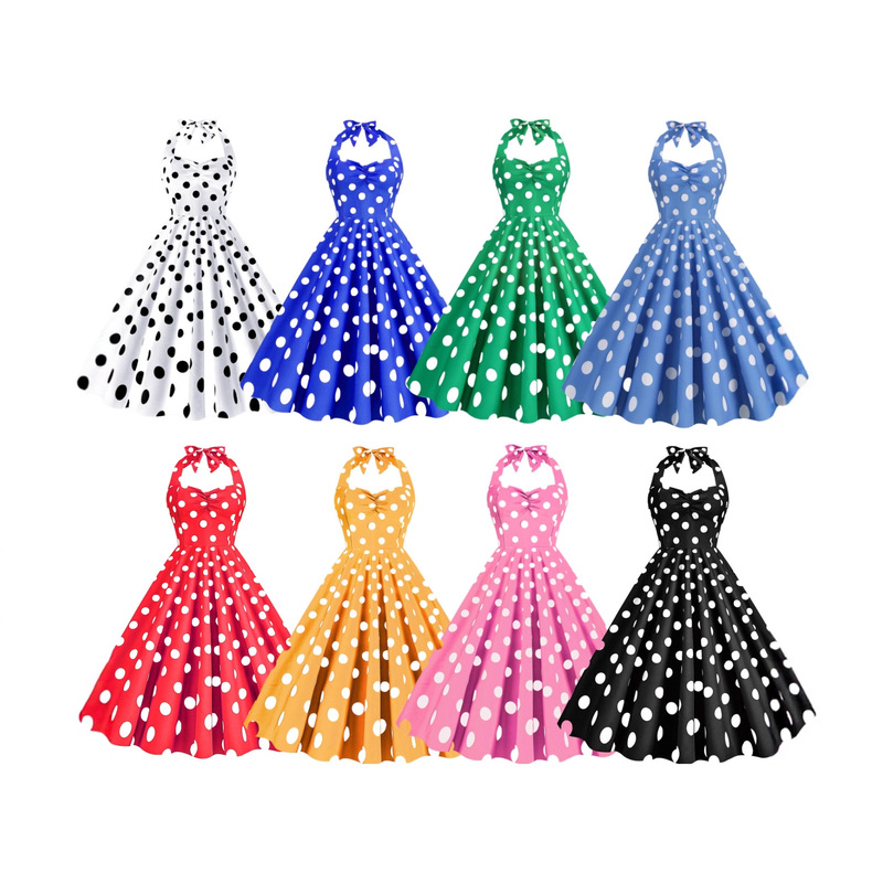 European and American Retro Polka Dot Halterneck Dress High Waist Stage Performance Group Interpretation Large Swing Skirt Cross-Border Ready Stock