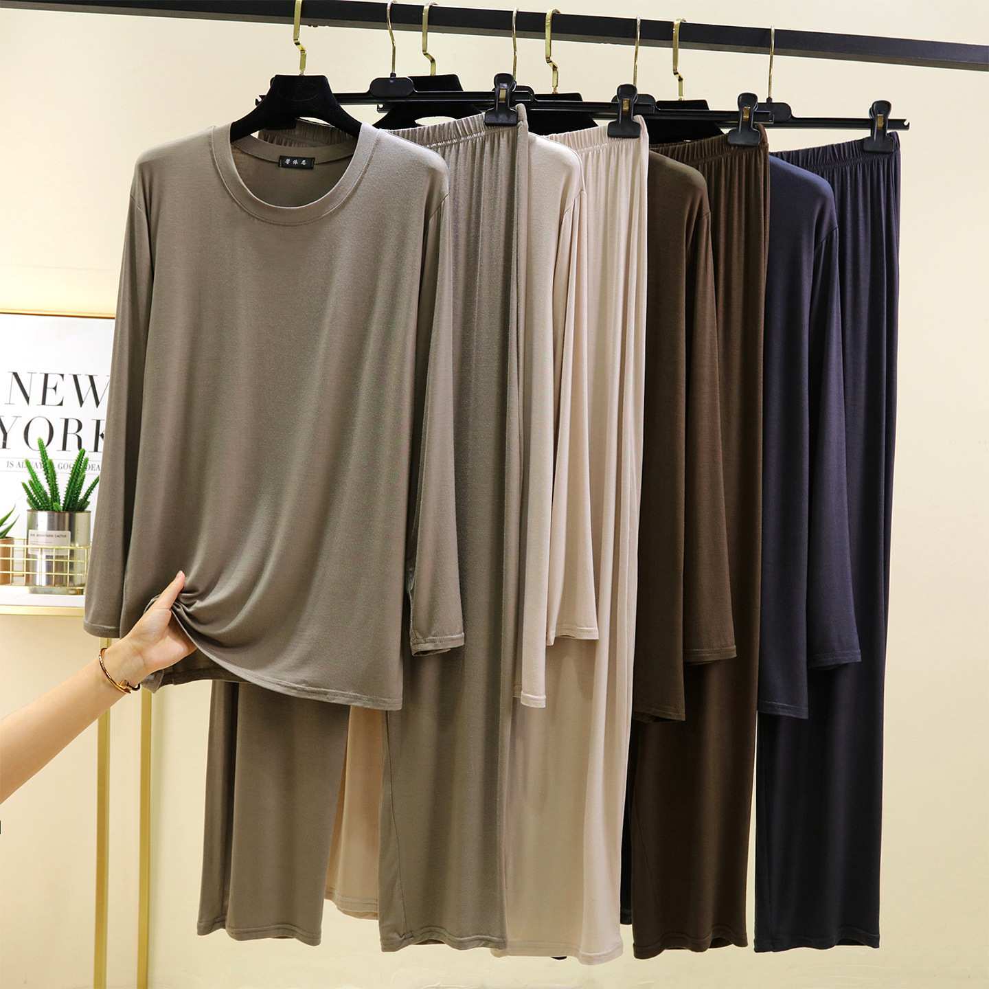 Modal Men's Autumn and Winter Thin Pajamas and Pajamas Set Loose Large Size Tops Long Pants Home Clothes Two-Piece Set