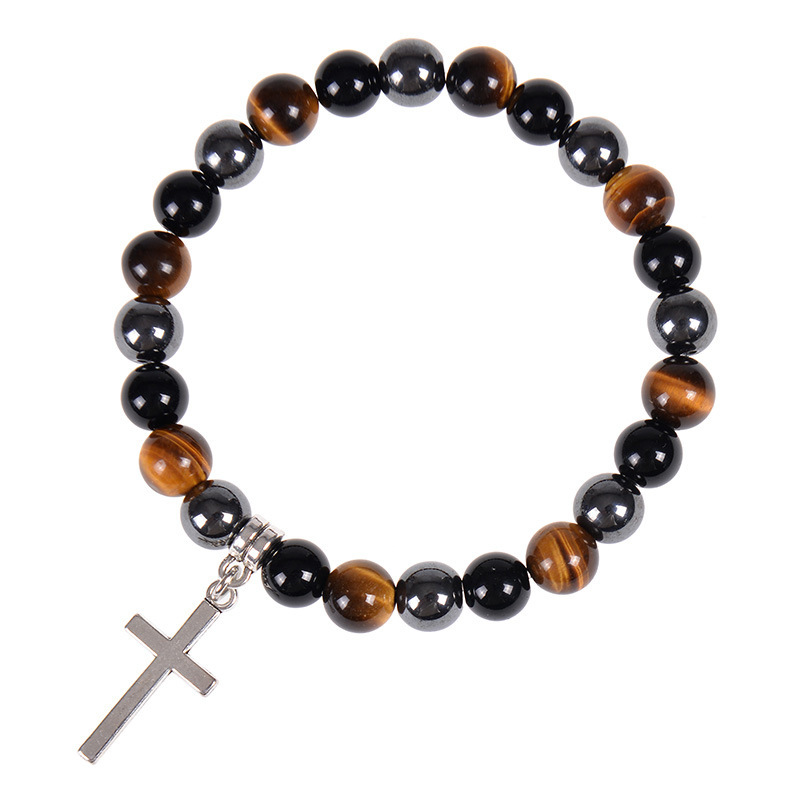 Vintage Cross Border Tiger Eye Black Magnet Beaded Bracelet Cross Pendant Bracelet Natural Stone Healing Bracelet