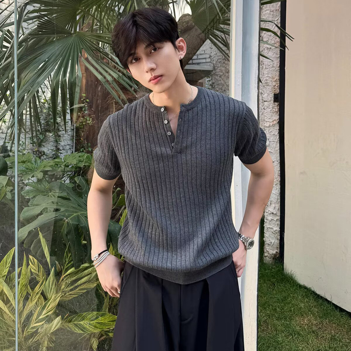 Camiseta de punto de manga corta camiseta hombre Henry cuello medio abierto viejo viento delgado negocio hielo verano fábrica transfronteriza al por mayor