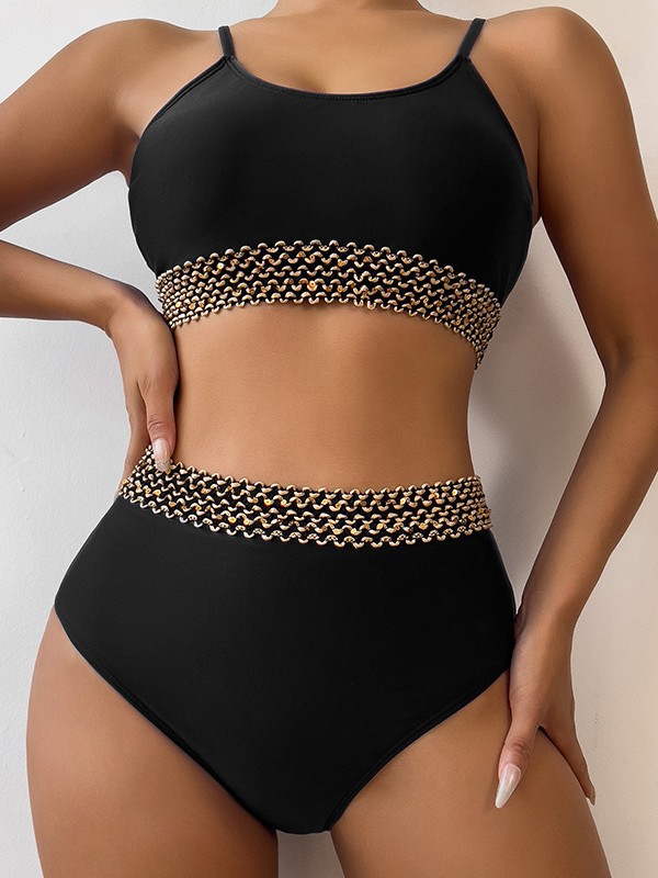 Bikini de Dos Piezas con Lentejuelas de Nylon, Tirantes, Color Sólido, para Natación image 1