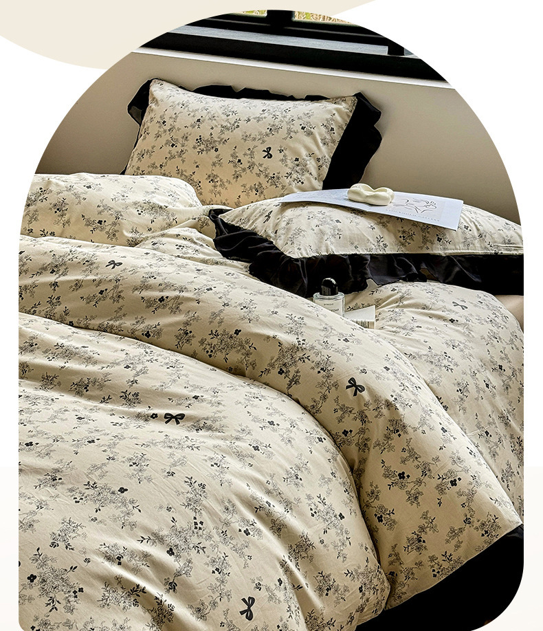 Vintage Floral Duvet Cover Set Pure Cotton Black Lace Bedding_voghion.com